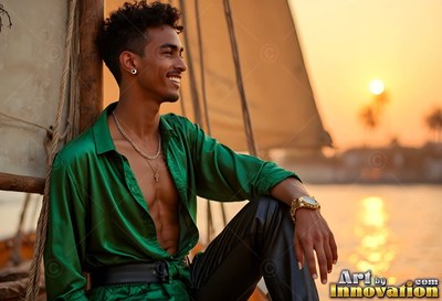 A man dressed in an open green shirt smiles on a sailboat in the warm golden sunset