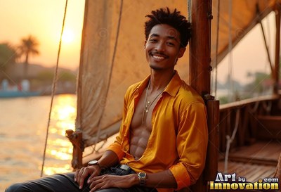 Leaning back on a wooden boat, a cheerful man wears an open yellow shirt at sunset
