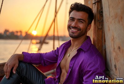 Beaming man wearing an unbuttoned bright purple shirt relaxes on a wooden boat at sunset