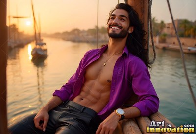On a boat at sunset, a smiling man sits back in an open deep purple shirt