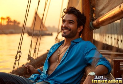 Smiling on a wooden boat at sunset, a man relaxes in an open blue shirt
