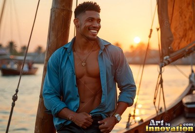 Smiling man in an open blue shirt on a boat at sunset