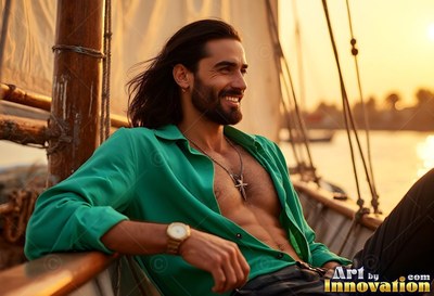 A grinning man in an open green shirt relaxes on a wooden boat at sunset on the Nile