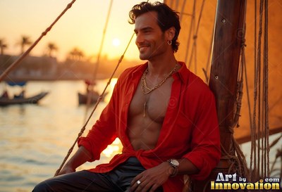 A smiling man sits aboard a boat in an open red shirt under warm sunset light