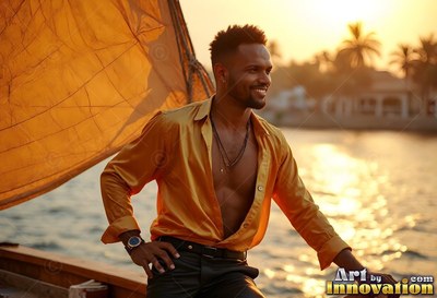 Leaning back on a boat, a grinning man in a gold smooth silk shirt enjoys the sunset