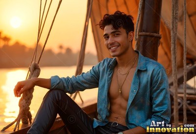 A smiling guy in an unbuttoned blue shirt sits on a wooden boat at sunset