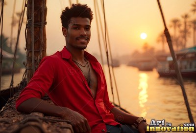 On a boat at sunset, a smiling young man relaxes in an open red shirt