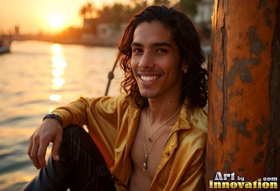 Smiling on a boat at sunset, a young man wears an open gold silk shirt