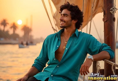 Grinning man in an open deep teal shirt on a boat at sunset