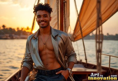 An unbuttoned light silk shirt covers a beaming man standing on a sailboat at sunset
