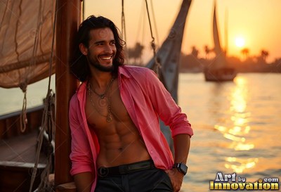 A beaming man reclines on a boat mast in an unbuttoned pink shirt under warm sunset light
