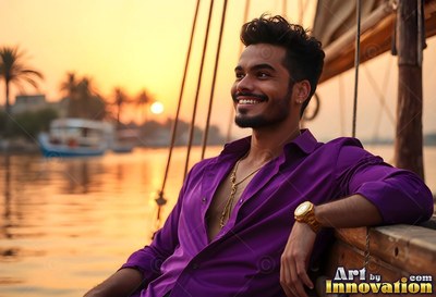 Leaning back on a boat, a cheerful man wears a purple shirt at sunset