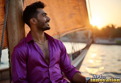 A smiling man in an open purple thin silk shirt sits on a wooden boat at sunset