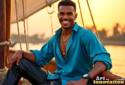 On a sailboat at sunset, a smiling man sits in an open bright teal shirt