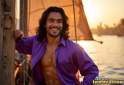 Smiling on a sailboat at sunset, a man dressed in an unbuttoned deep purple shirt leans on a wooden mast