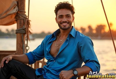 Grinning man dressed in an open blue silk shirt on a boat at sunset