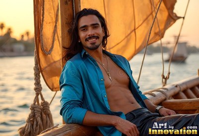 Wearing an unbuttoned light teal shirt, a smiling man relaxes on a wooden boat at sunset