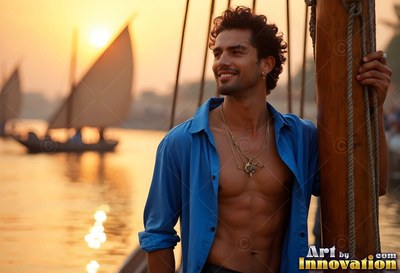 A smiling man leans on a wooden boat mast in an open blue shirt under warm sunset light