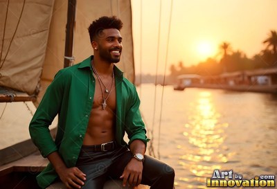 Smiling while seated on a boat, a man wears an open green shirt at sunset