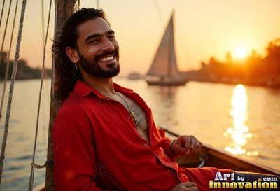 A grinning man in an open red shirt leans back on a boat on the Nile at sunset