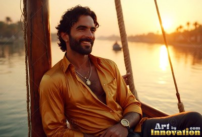 On a boat at sunset, a smiling bearded man rests in an unbuttoned gold silk shirt
