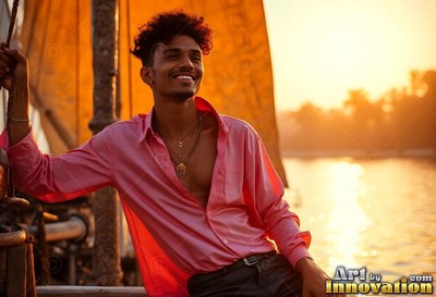 Smiling on a riverboat at sunset, a young adult man reclines back in an open pink shirt