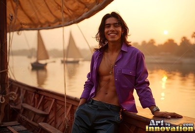 Smiling man wearing an unbuttoned light purple shirt on a wooden boat at sunset