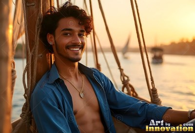 In an open blue shirt, a smiling young adult man relaxes on a wooden boat on the Nile at sunset