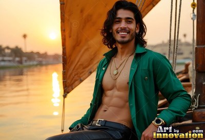 A happy man relaxes on a wooden boat in an open green shirt under warm sunset light