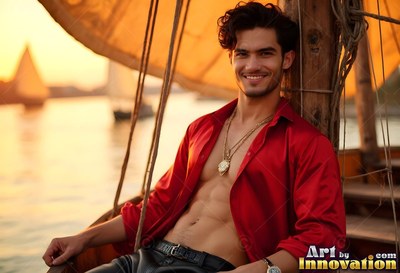 Smiling and reclining on a wooden boat, a man wears an open red shirt at sunset