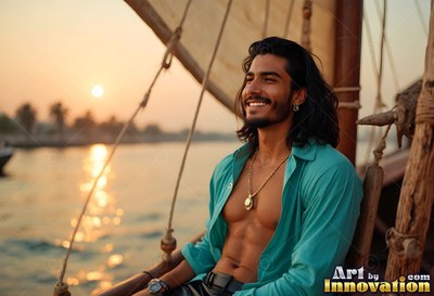 A smiling man in an open bright teal shirt sits on a sailboat at sunset