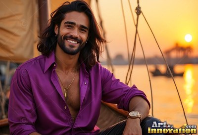 On a boat at sunset, a smiling man sits in an open purple shirt