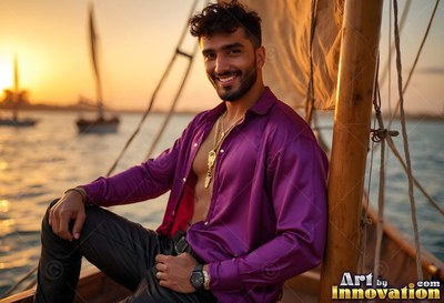 Smiling on a sailboat at sunset, a man sits in an open purple smooth silk shirt