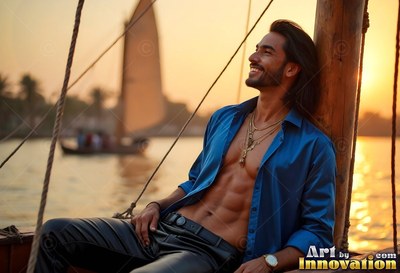 Smiling man wearing an open blue shirt on a boat at sunset