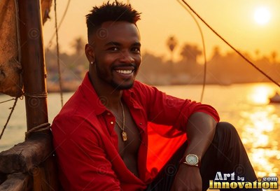 Smiling man wearing an unbuttoned red shirt sits on a boat on the Nile at sunset