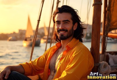 A happy man rests on a sailboat in an open orange shirt under warm evening light