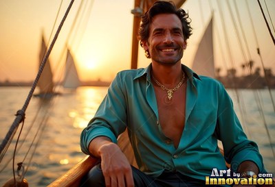 Sitting in a Nile sailboat, a cheerful man wears an open light teal shirt at sunset