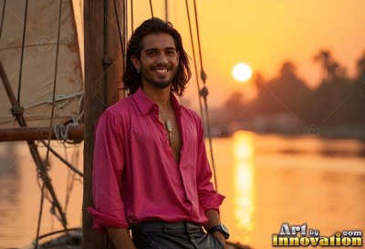 A cheerful man in a pink shirt leans on a wooden boat at sunset