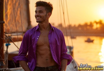 On a boat at sunset, a smiling man stands in an open purple shirt