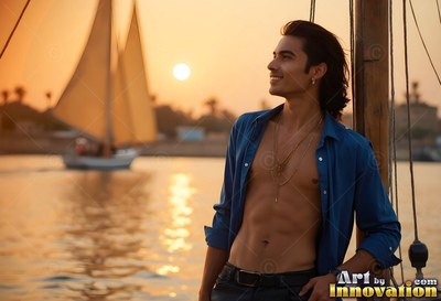 Smiling on a sailboat at sunset, a man in an open blue shirt leans against the mast