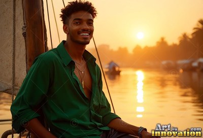 A smiling man dressed in an unbuttoned green shirt rests on a boat on the Nile at sunset