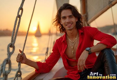 A smiling man in a red shirt lounges on a sailboat deck under golden sunset light