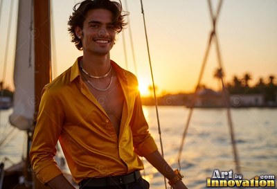 Smiling young man standing in a yellow light silk shirt on a boat at sunset