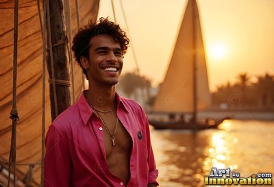 A beaming man in an unbuttoned pink shirt on a Nile sailboat at sunset