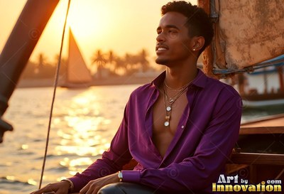 On a felucca at sunset, a youthful man sits in an open purple light silk shirt