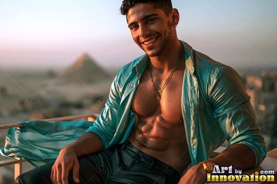 Smiling on a balcony, a man wears an open teal smooth silk shirt before pyramids at dusk