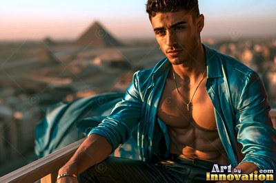 A man in an open teal silk shirt sits on a balcony before pyramids