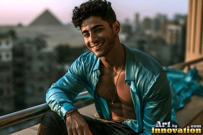 Wearing an open turquoise soft silk shirt, a smiling guy sits on a balcony with pyramids behind him
