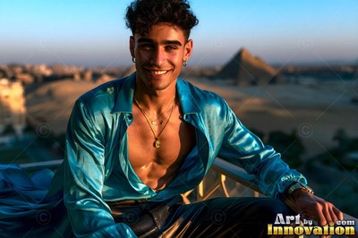 A smiling man sits on a balcony above Giza in a shiny blue shirt lit by warm sunset rays