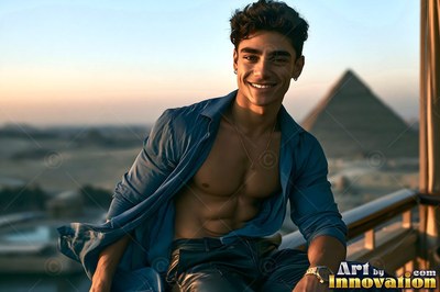 Smiling man sitting on a balcony above Giza in an open blue shirt